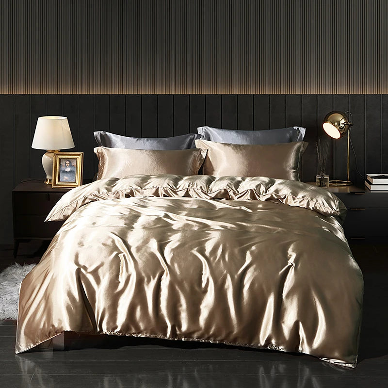 Luxury Satin Bedding Set with Fitted Sheet Duvet Cover High End Bedding Sets High Density Satin Solid Color Bedding