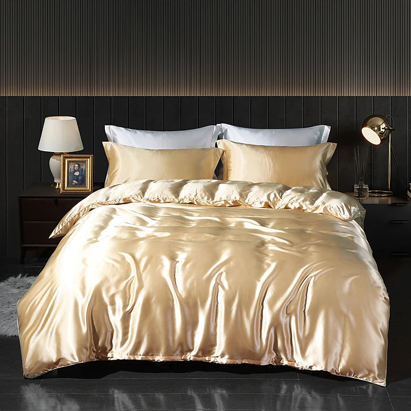 Luxury Satin Bedding Set with Fitted Sheet Duvet Cover High End Bedding Sets High Density Satin Solid Color Bedding
