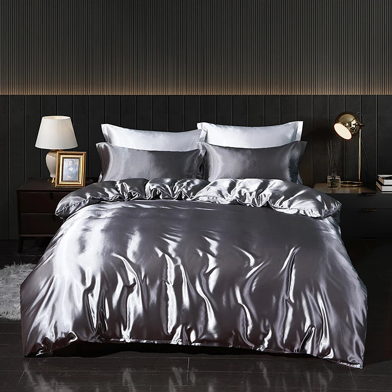 Luxury Satin Bedding Set with Fitted Sheet Duvet Cover High End Bedding Sets High Density Satin Solid Color Bedding