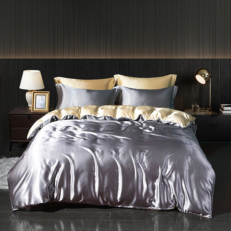 Luxury Satin Bedding Set with Fitted Sheet Duvet Cover High End Bedding Sets High Density Satin Solid Color Bedding