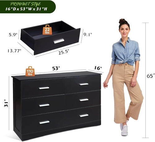 Wood Dresser for Bedroom, Wide Chest of Drawers with 6 Drawer, Oak