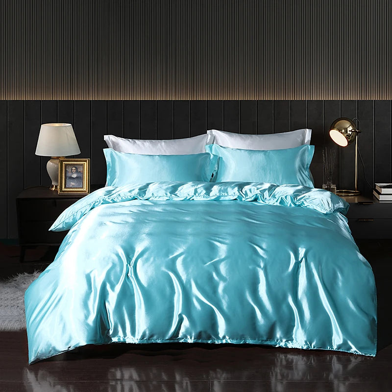 Luxury Satin Bedding Set with Fitted Sheet Duvet Cover High End Bedding Sets High Density Satin Solid Color Bedding