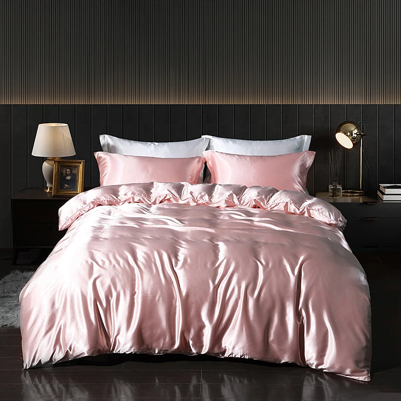 Luxury Satin Bedding Set with Fitted Sheet Duvet Cover High End Bedding Sets High Density Satin Solid Color Bedding