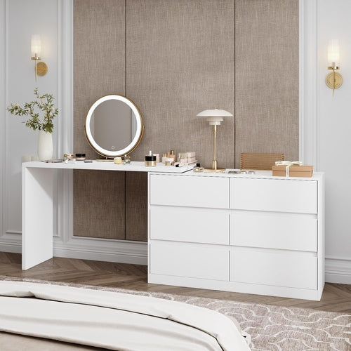 6 Drawer Dresser With Rotatable Tabletop White Home Office