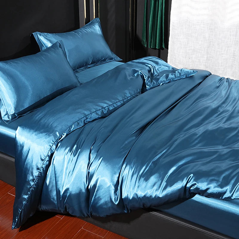 Luxury Satin Bedding Set with Fitted Sheet Duvet Cover High End Bedding Sets High Density Satin Solid Color Bedding