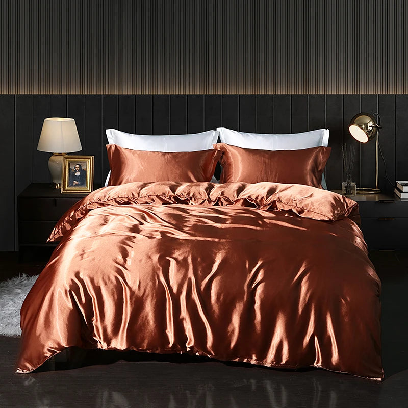 Luxury Satin Bedding Set with Fitted Sheet Duvet Cover High End Bedding Sets High Density Satin Solid Color Bedding