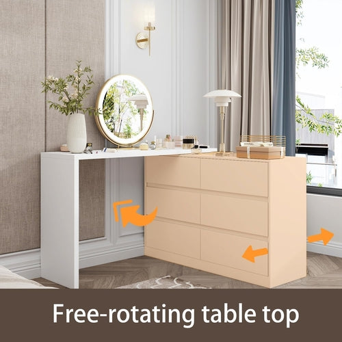 6 Drawer Dresser With Rotatable Tabletop White Home Office