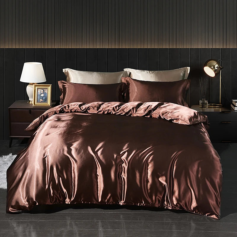 Luxury Satin Bedding Set with Fitted Sheet Duvet Cover High End Bedding Sets High Density Satin Solid Color Bedding