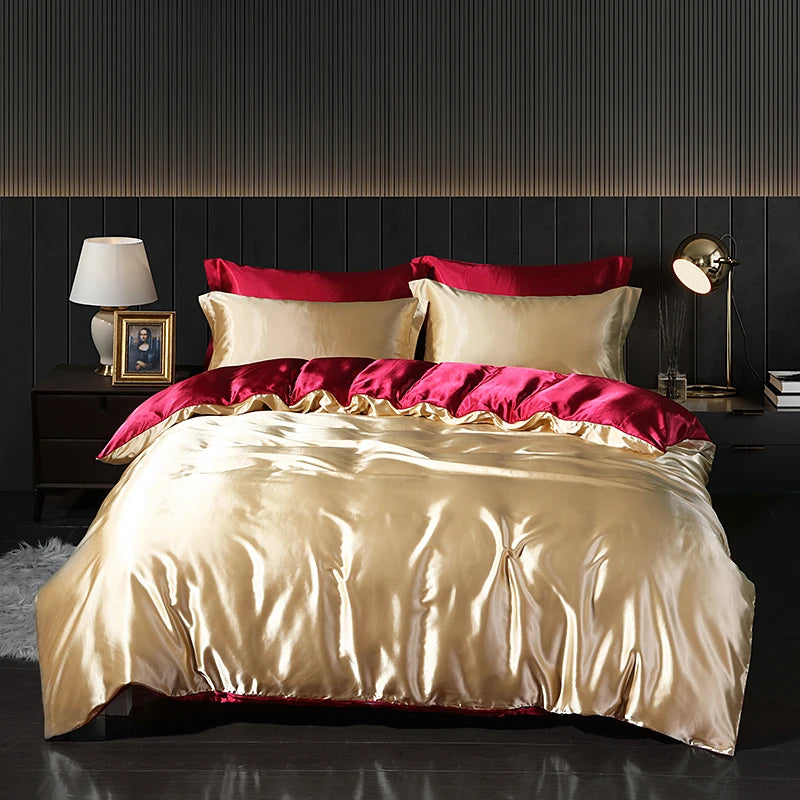 Luxury Satin Bedding Set with Fitted Sheet Duvet Cover High End Bedding Sets High Density Satin Solid Color Bedding