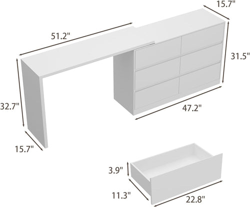 6 Drawer Dresser With Rotatable Tabletop White Home Office