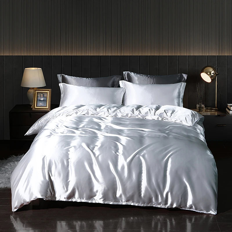 Luxury Satin Bedding Set with Fitted Sheet Duvet Cover High End Bedding Sets High Density Satin Solid Color Bedding