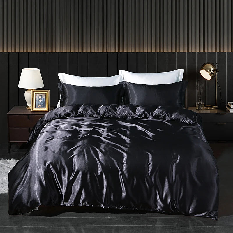 Luxury Satin Bedding Set with Fitted Sheet Duvet Cover High End Bedding Sets High Density Satin Solid Color Bedding