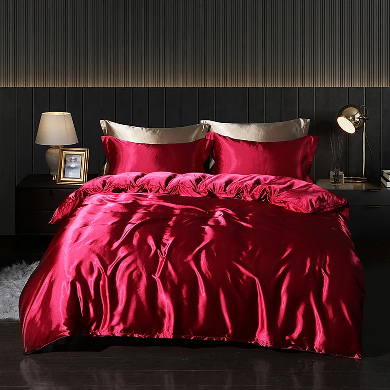Luxury Satin Bedding Set with Fitted Sheet Duvet Cover High End Bedding Sets High Density Satin Solid Color Bedding