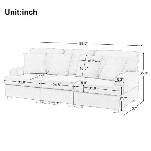 Three Seat Sofa & Removable Back and Seat Cushion & 4 Pillows