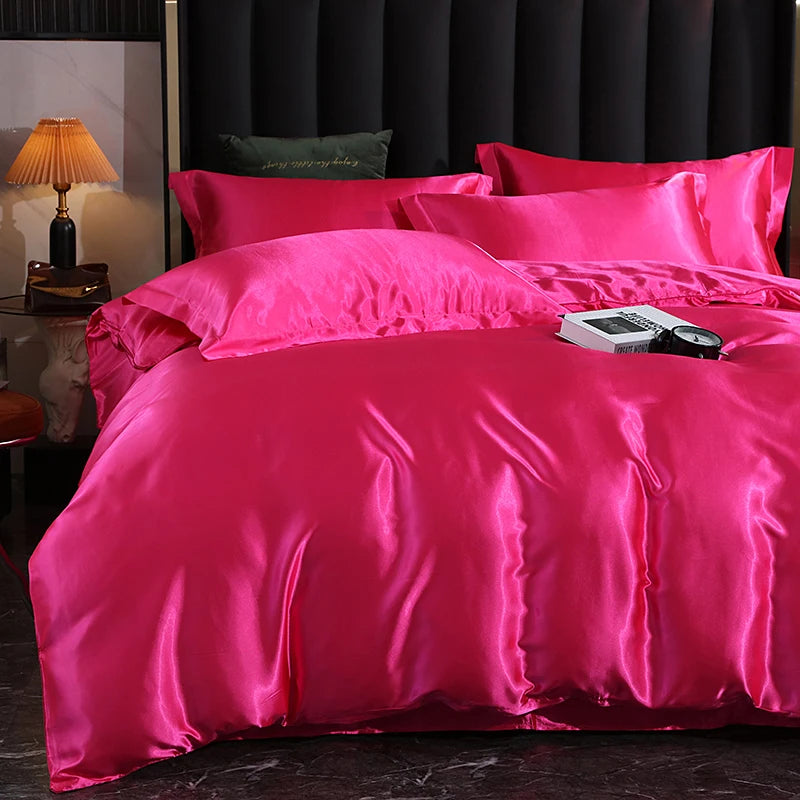 Luxury Satin Bedding Set with Fitted Sheet Duvet Cover High End Bedding Sets High Density Satin Solid Color Bedding