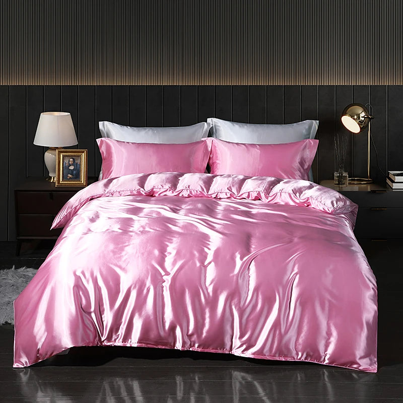 Luxury Satin Bedding Set with Fitted Sheet Duvet Cover High End Bedding Sets High Density Satin Solid Color Bedding